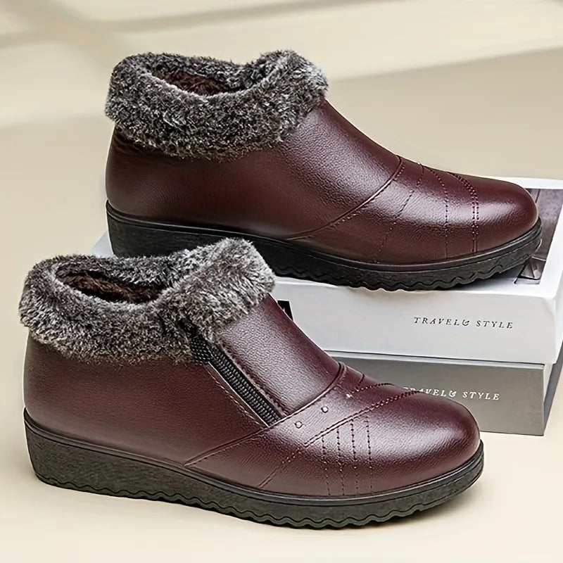 Women's Warm Lined Waterproof Leather Booties – Fleece Lining, Side Zip, Anti-Slip Sole