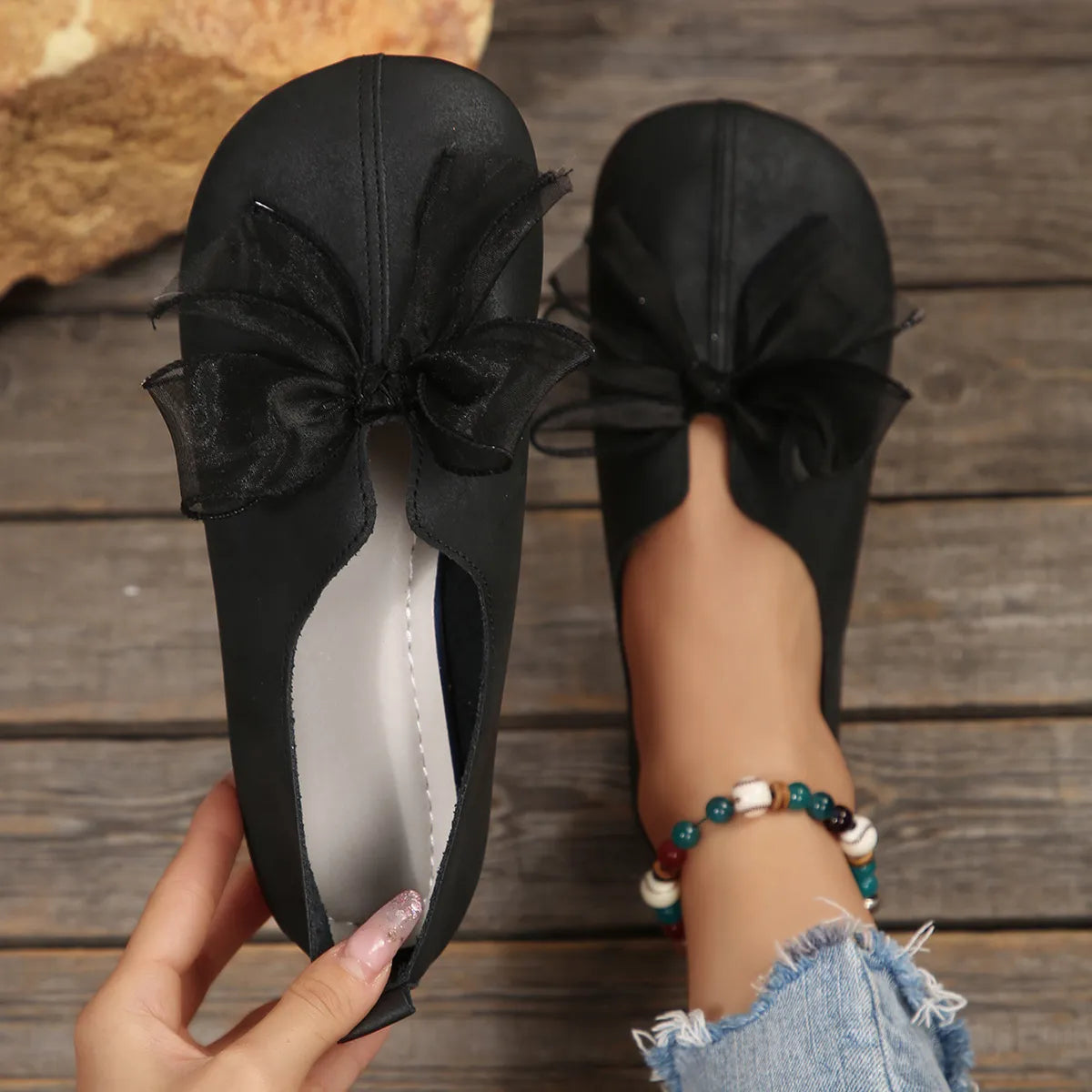 Women's Vintage Mary Jane Bow Flats – Round Toe, Memory Foam Sole, Arch Support, Non-Slip