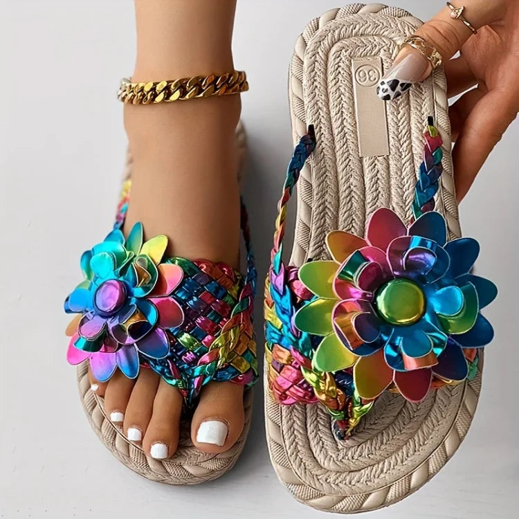 Women's Rhinestone Flower Flat Sandals – Gel Cushioned Sole, Wide Heel, Breathable