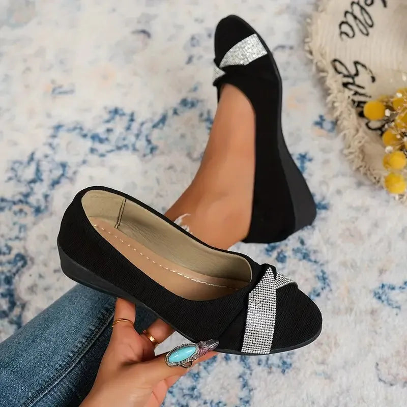 Women's Rhinestone Slip-On Loafers – Leather, Low Wedge, Arch Support Insole, Handmade