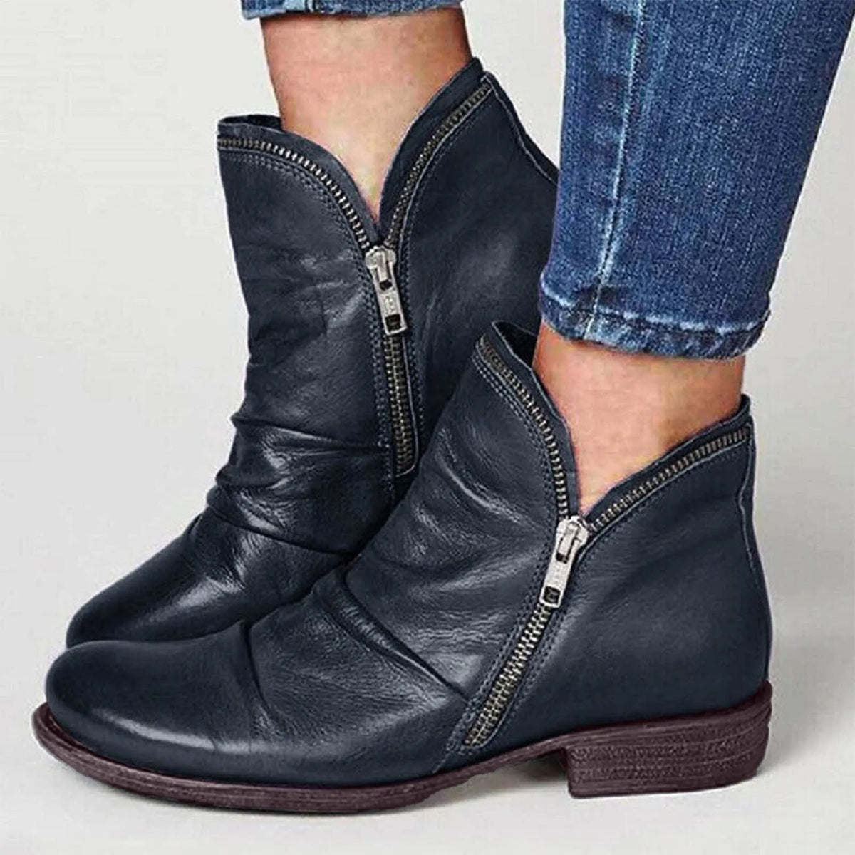 Women's Leather Double-Zip Ankle Boots – Low Block Heel, Arch Support Insole, Handmade