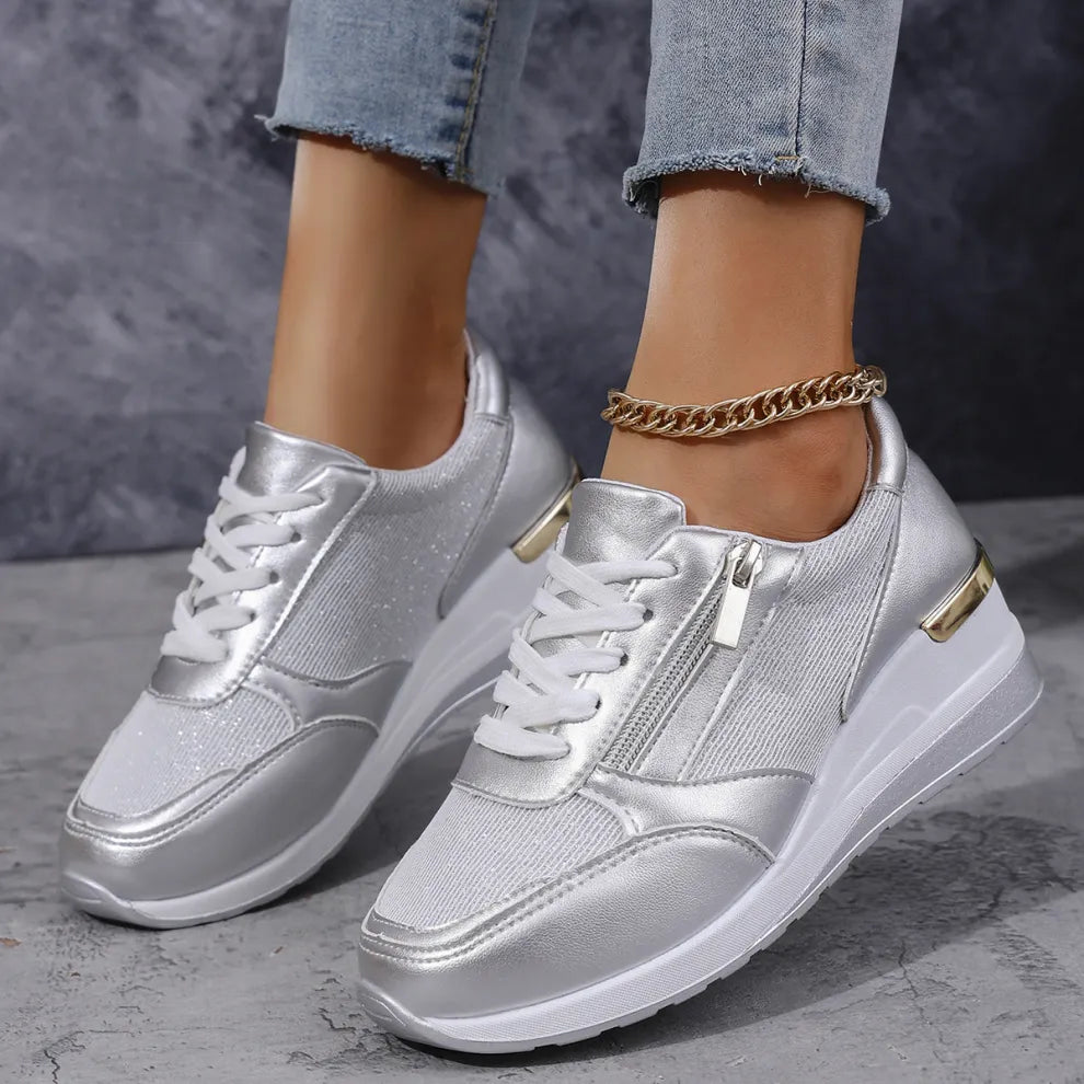 Women's Metallic Suede Lace-Up Trainers – Side Zip, Cushioned Contoured Insole, Wide Toe Box – image 2