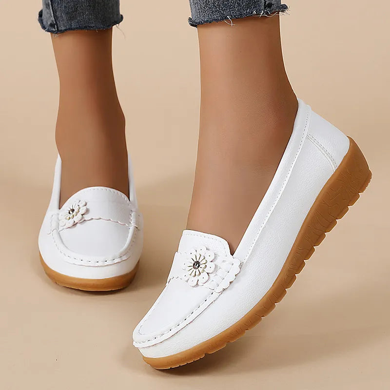 Women's Soft Sole Leather Loafers – Flower Detail, Thick Cushioned Sole, Non-Slip