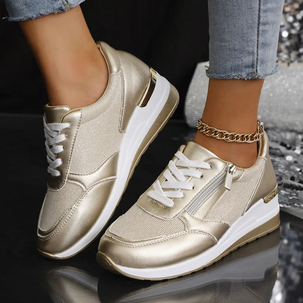 Women's Metallic Suede Lace-Up Trainers – Side Zip, Cushioned Contoured Insole, Wide Toe Box