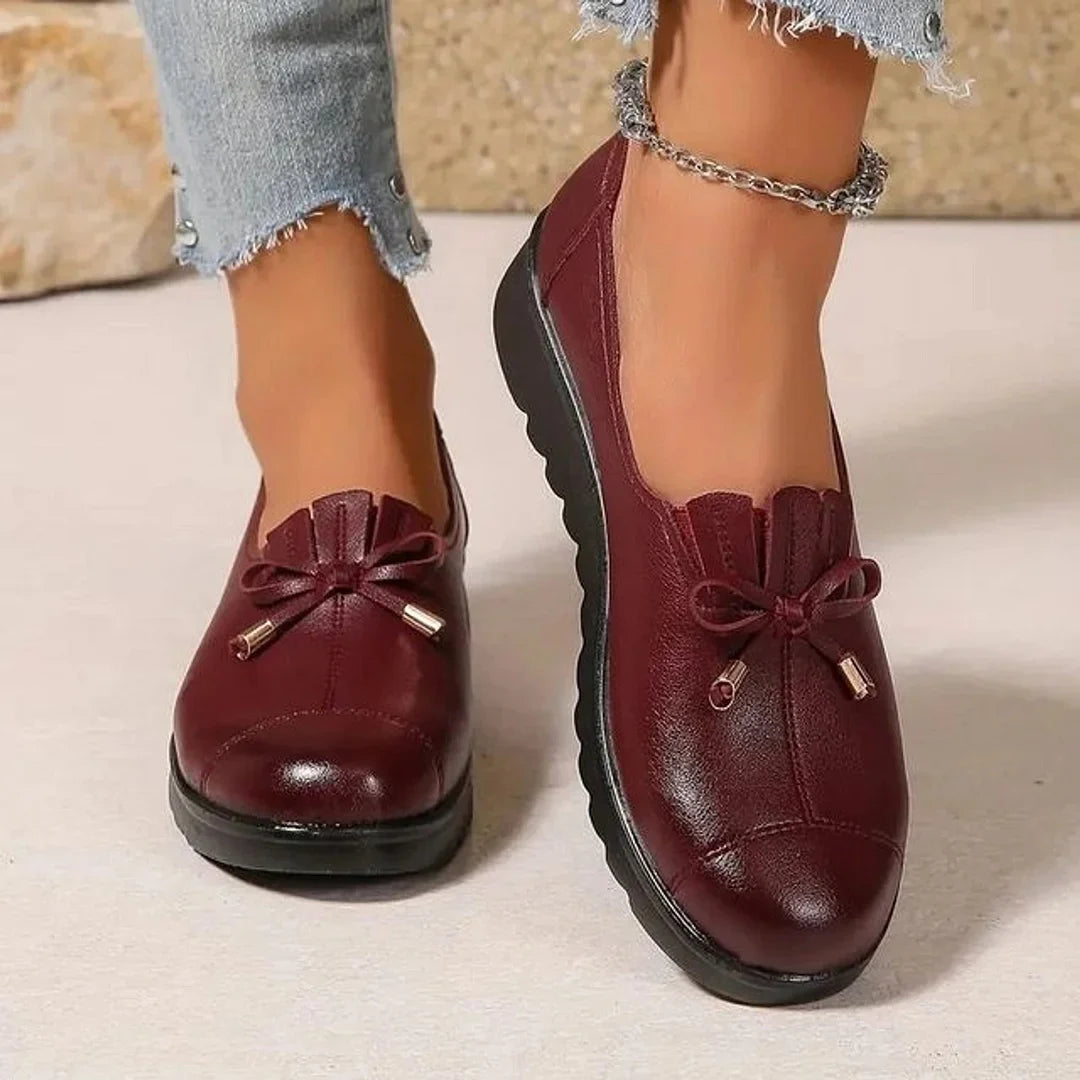 Women's Leather Slip-On Loafers – Bow Detail, Memory Foam Cushion, Arch Support, Light Wedge Sole – image 2