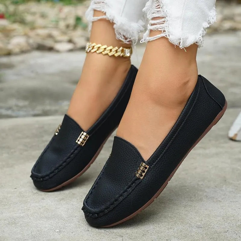 Women's Leather Loafer Flats – Metallic Chain Trim, Cushioned Insole, Light Wedge Sole – image 2
