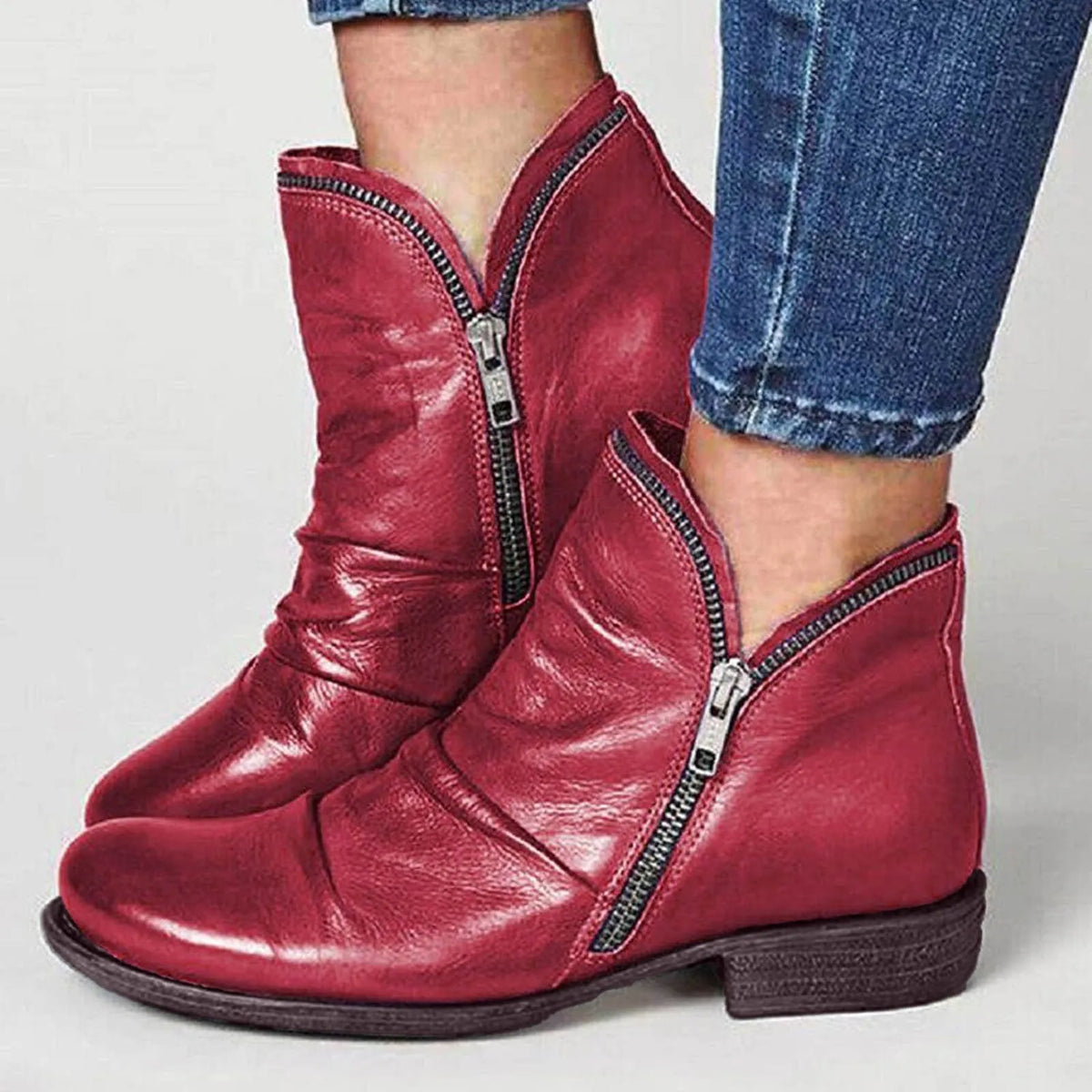 Women's Leather Double-Zip Ankle Boots – Low Block Heel, Arch Support Insole, Handmade – image 2