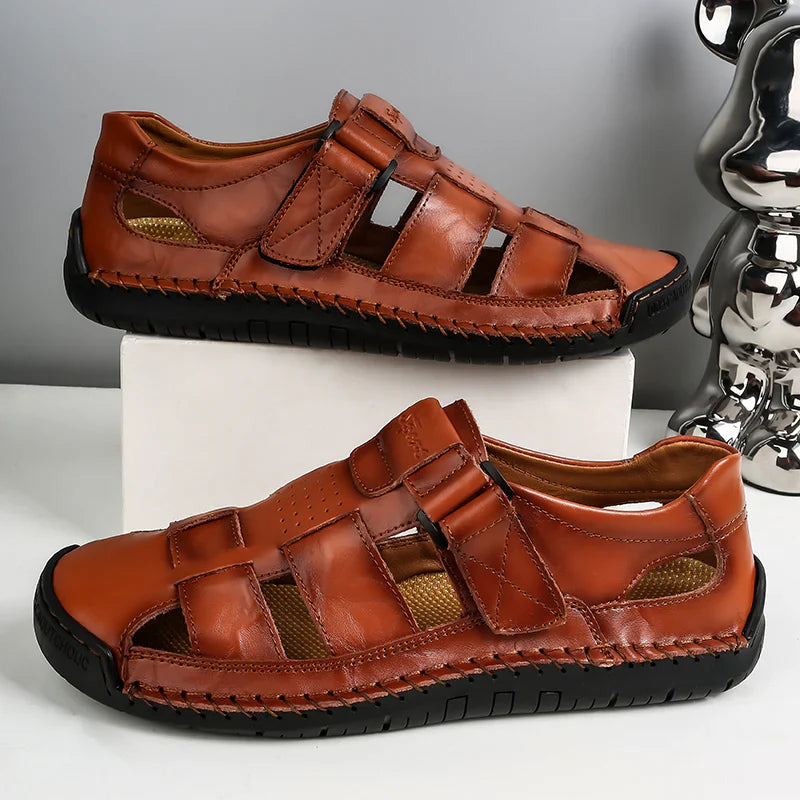 Men's Handmade Leather Closed-Toe Summer Sandals – Cushioned Arch Support, Non-Slip Sole
