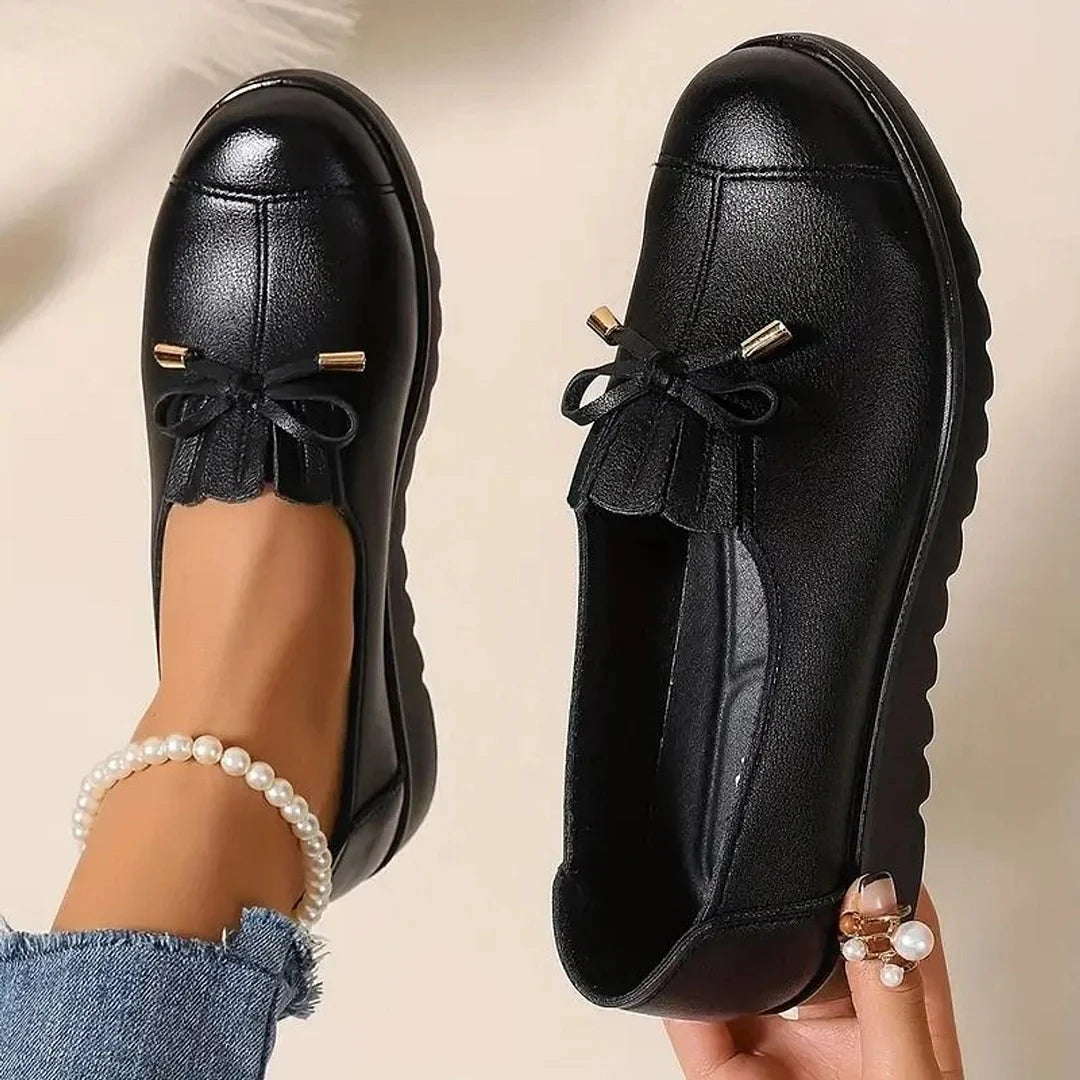 Women's Leather Slip-On Loafers – Bow Detail, Memory Foam Cushion, Arch Support, Light Wedge Sole