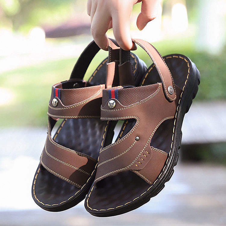Men's Leather Two-Way Sandals – Adjustable Heel Strap, Hand-Stitched, Cushioned Triple-Layer Sole