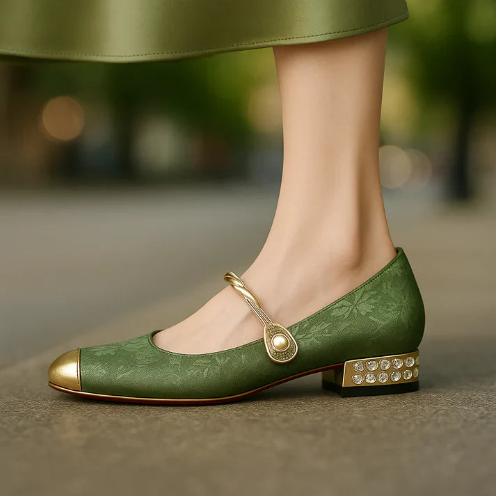 Women's Pearl Accent Mary Jane Flats – Metallic Toe, Cushioned Insole, Anti-Slip