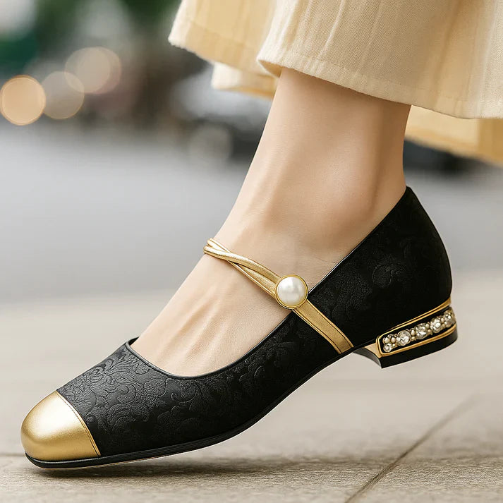 Women's Pearl Accent Mary Jane Flats – Metallic Toe, Cushioned Insole, Anti-Slip – image 2