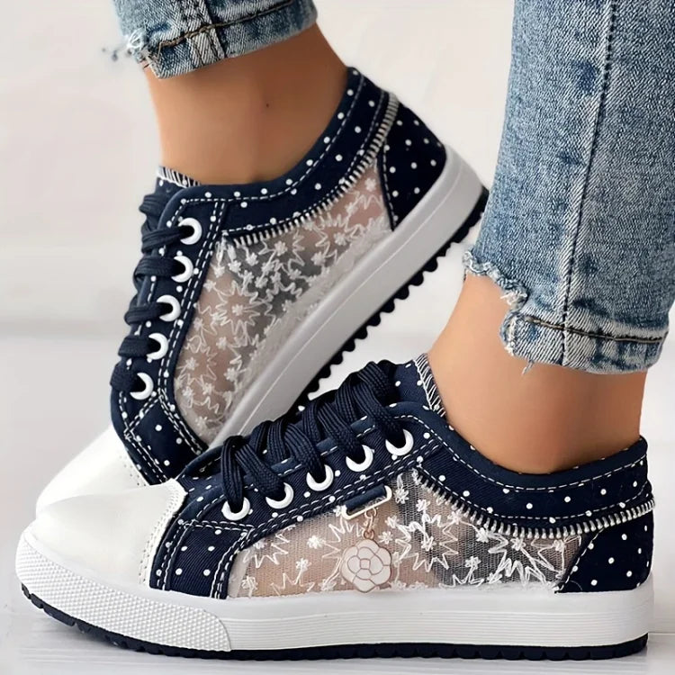 Women's Denim-Look Lace Panel Trainers – Gel Cushioned Sole, Breathable, Wide Heel – image 2