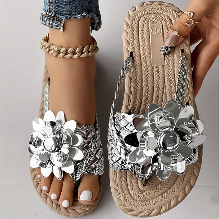 Women's Rhinestone Flower Flat Sandals – Gel Cushioned Sole, Wide Heel, Breathable – image 2