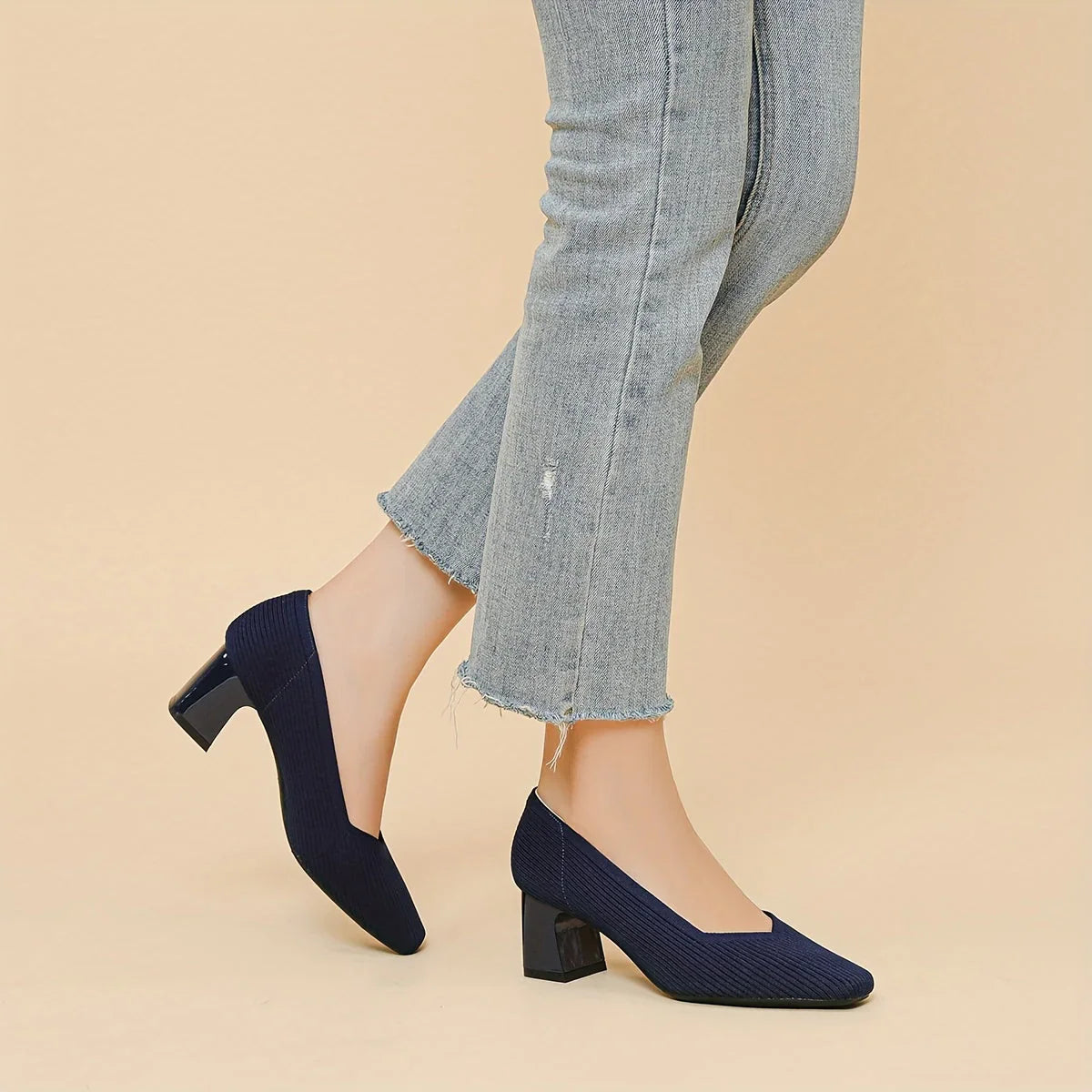 Women's Stretch Block Heel Pumps – 6 cm Heel, Cushioned Insole, Arch Support, Breathable