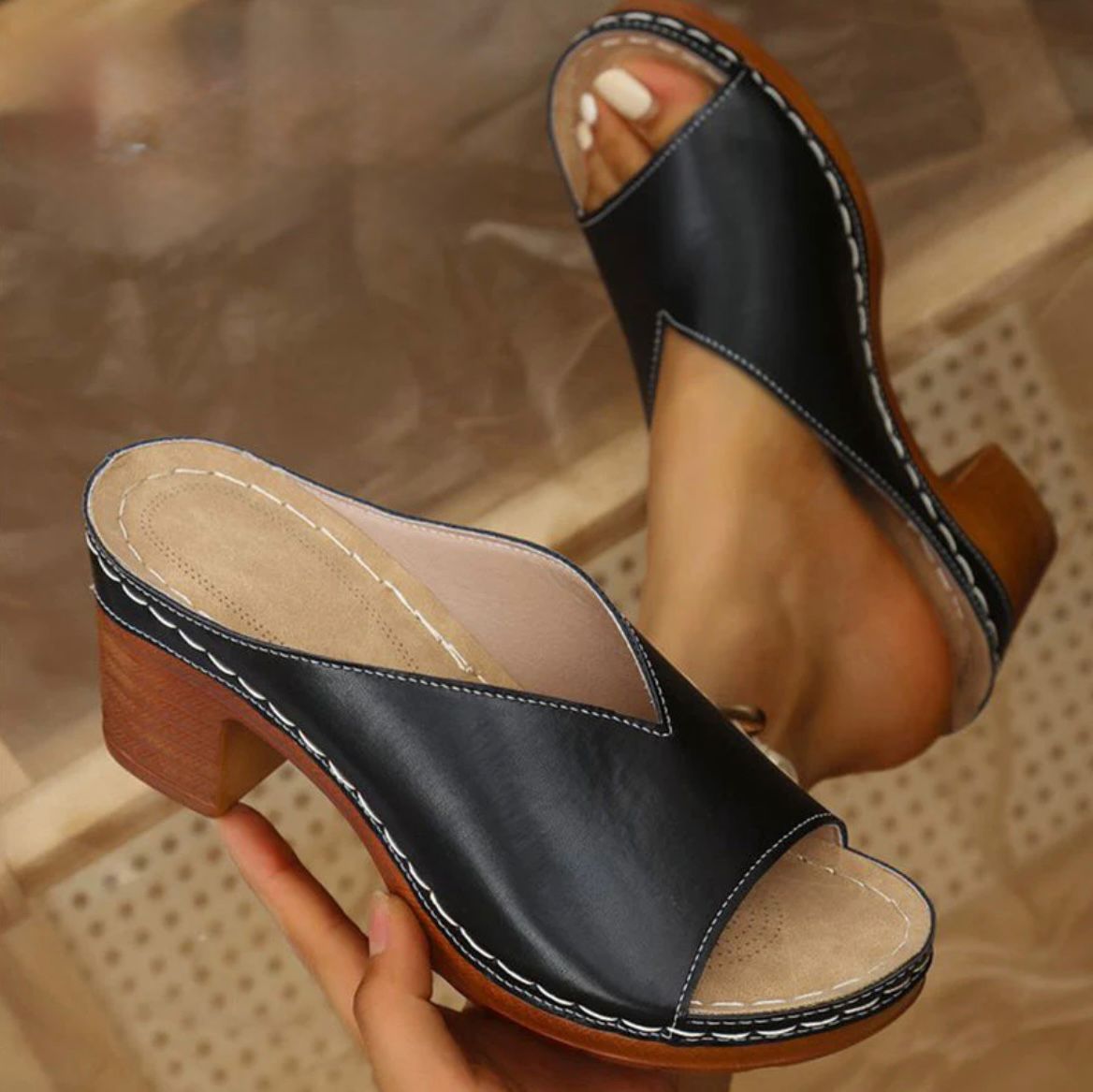 Women's Block Heel Slip-On Sandals – Cushioned Footbed, Arch Support, Padded Collar – image 2