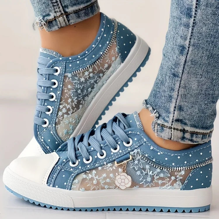 Women's Denim-Look Lace Panel Trainers – Gel Cushioned Sole, Breathable, Wide Heel