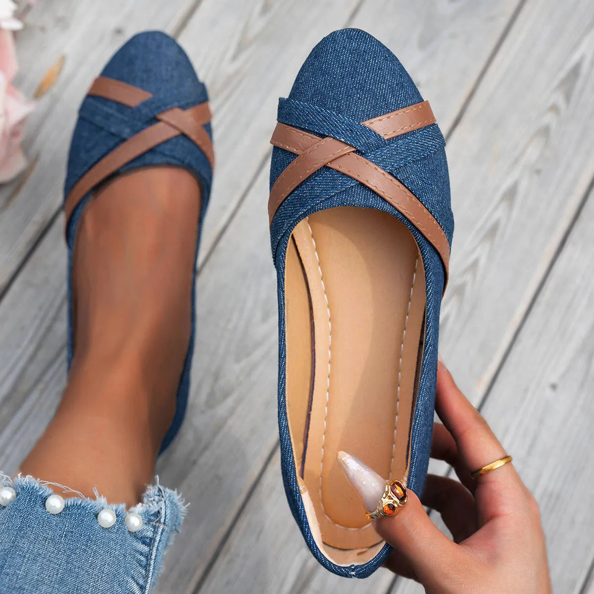 Women's Breathable Slip-On Flats – Cross Strap Detail, Gel Sole, Arch Support, Non-Slip
