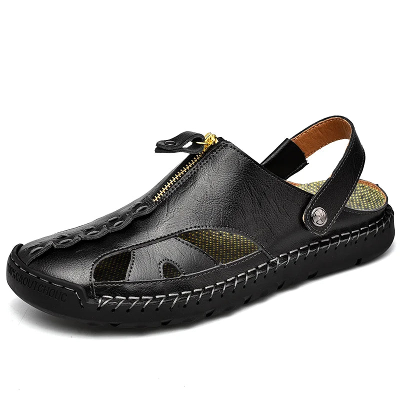 Men's Handmade Leather Closed-Toe Sandals – Arch Support Insole, Non-Slip Rubber Sole