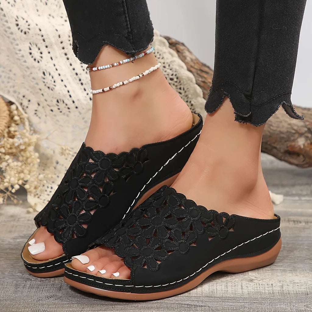 Women's Open Toe Wedge Sliders – Cut-Out Leather Upper, Foam Insole, 7 cm Heel