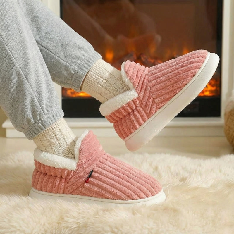 Unisex Corduroy Slipper Boots – Fleece Lined, Arch Support Footbed, Non-Slip Thick Sole