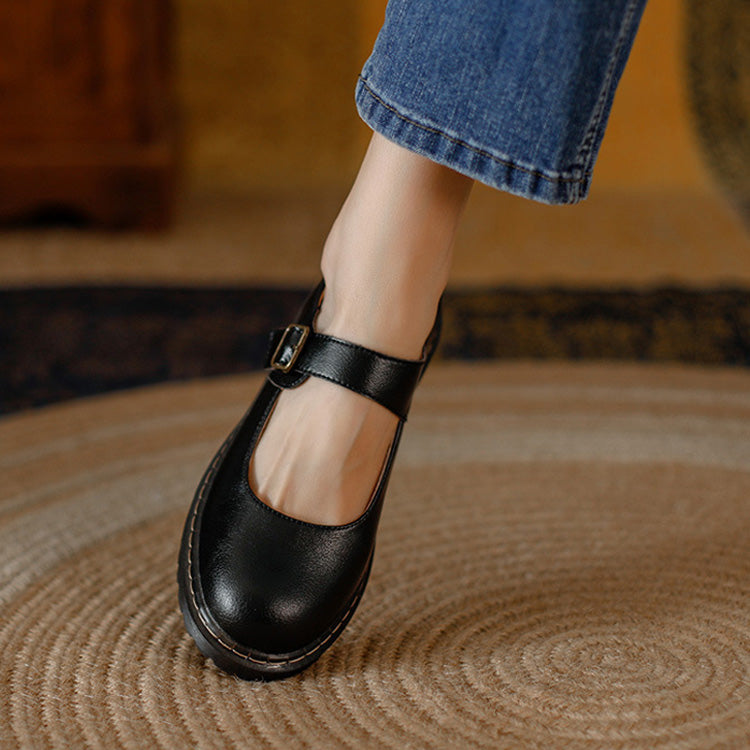 Women's Leather Mary Jane Flats – Buckle Strap, Cushioned Arch Support, Non-Slip Sole