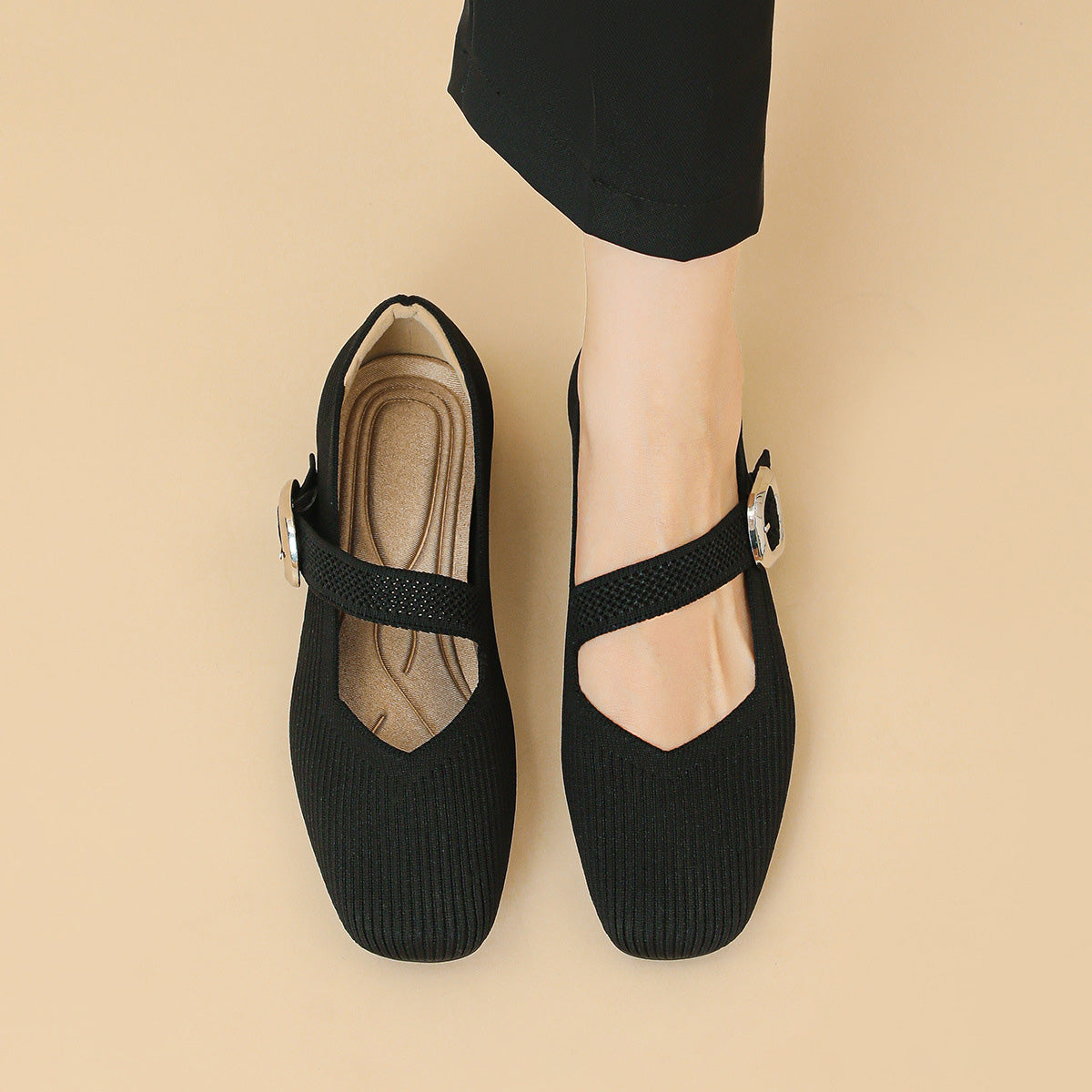 Women's Knit Mary Jane Flats – Square Toe, Breathable, Cushioned Arch Support Insole
