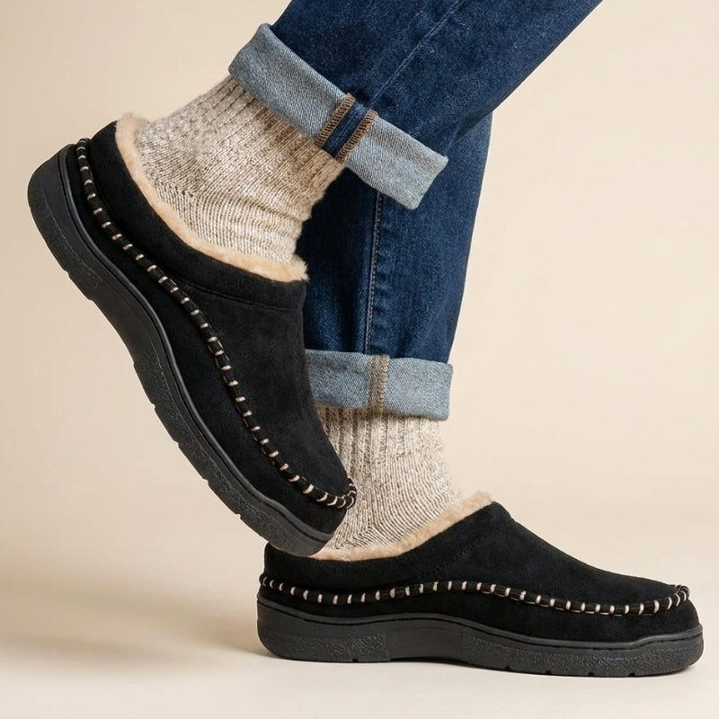 Men’s Wide Fit Arch Support Moccasin Slippers – Fleece Lined Warm House Shoes