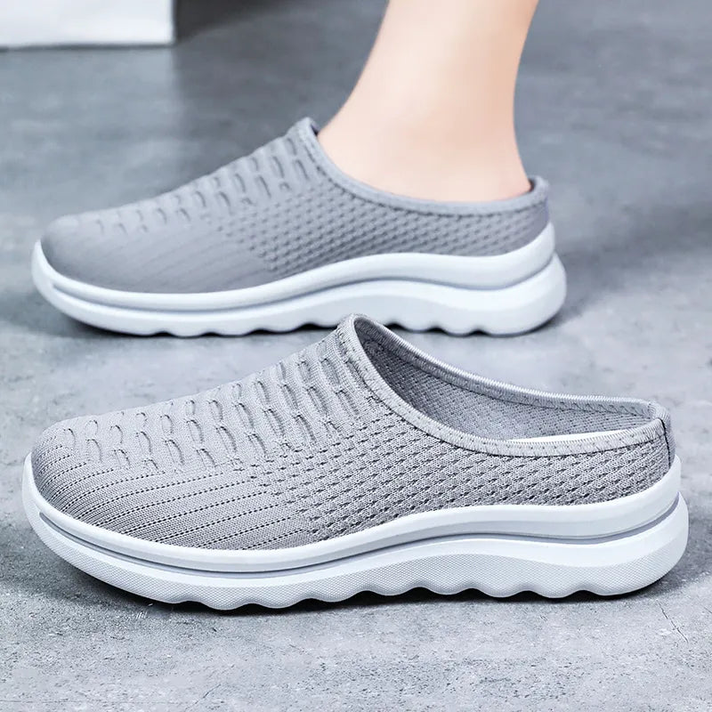 Women's Knit Mesh Slip-On Mules – Backless, Thick Foam Sole, Cushioned Footbed, Anti-Slip
