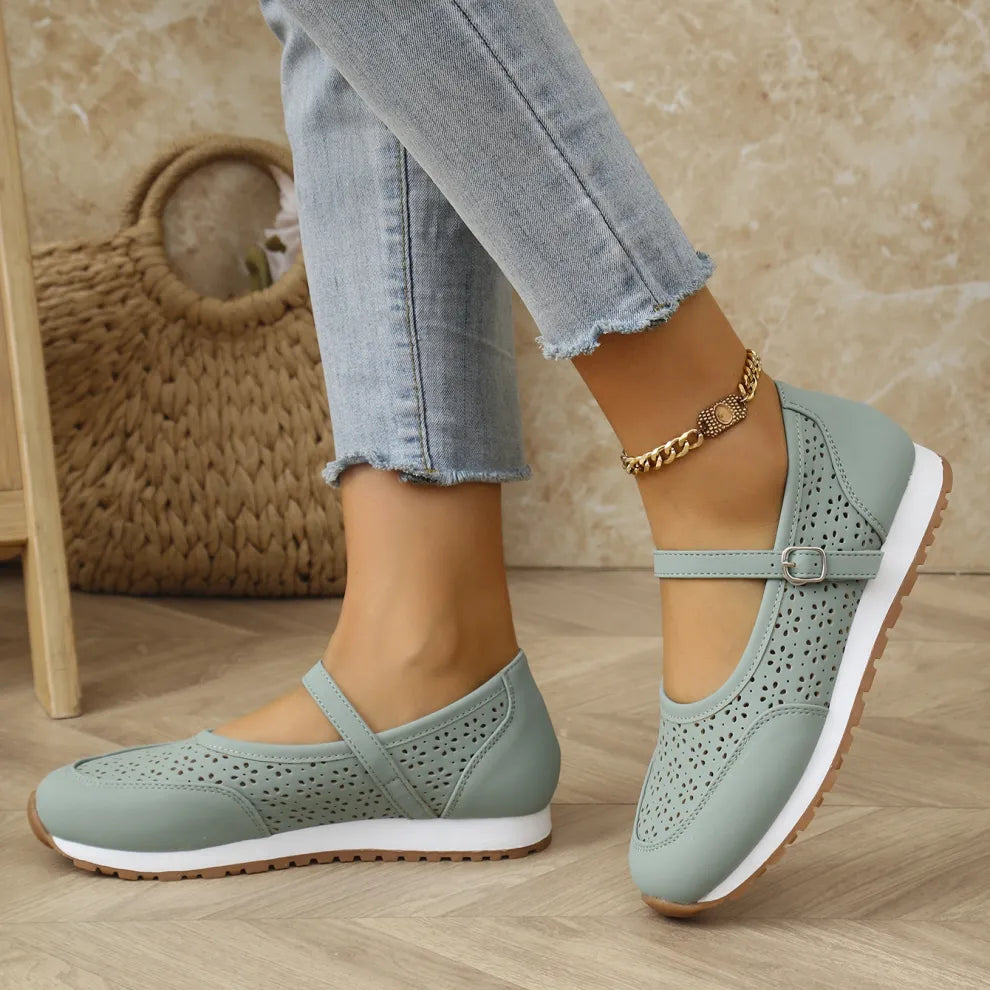 Women's Breathable Perforated Walking Shoes – Mary Jane Strap, Gel Sole, Wide Heel
