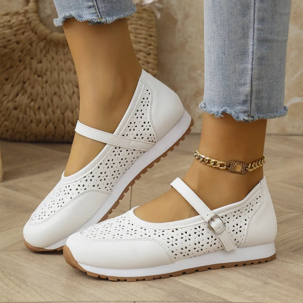 Women's Breathable Perforated Walking Shoes – Mary Jane Strap, Gel Sole, Wide Heel – image 2