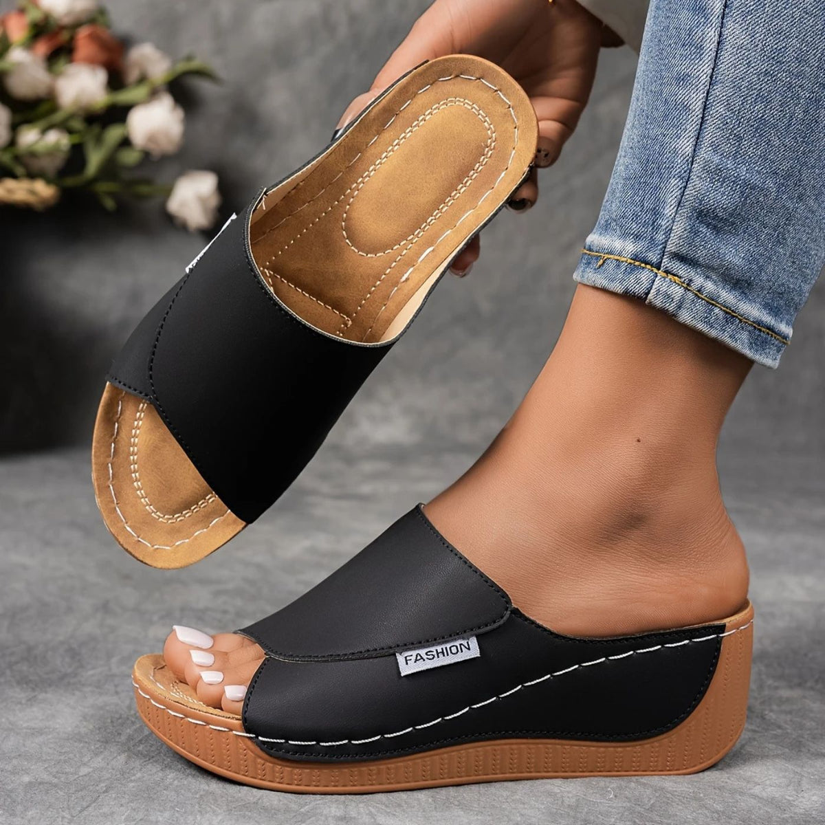 Women's Cushioned Wedge Slide Sandals – Contoured Footbed, Open Toe, Grippy Sole – image 2