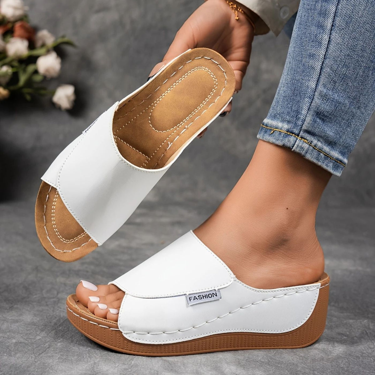 Women's Cushioned Wedge Slide Sandals – Contoured Footbed, Open Toe, Grippy Sole