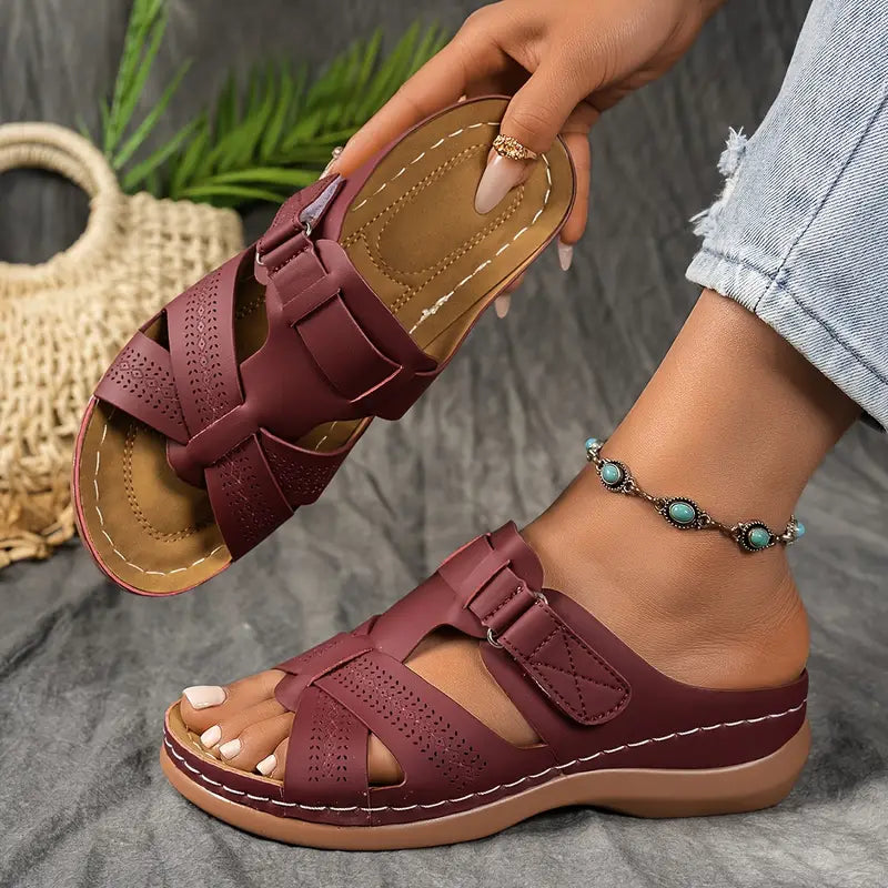 Women's Leather Platform Sandals – Embossed Upper, Arch Support Insole, Handmade