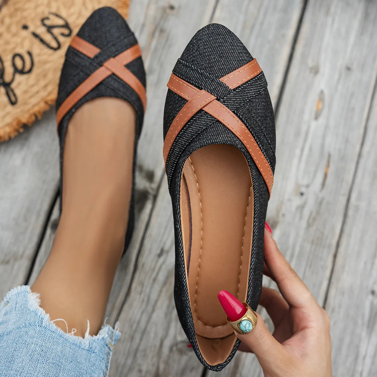 Women's Breathable Slip-On Flats – Cross Strap Detail, Gel Sole, Arch Support, Non-Slip – image 2
