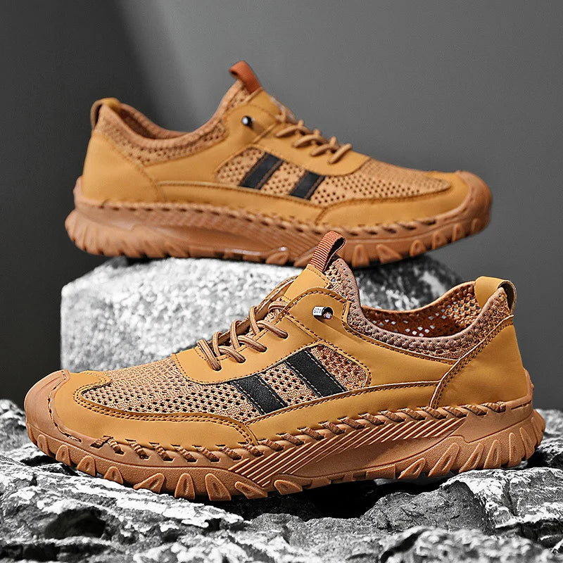 Men's Leather and Mesh Slip-On Hiking Shoes – Wide Toe Box, Arch Support, Grippy Sole