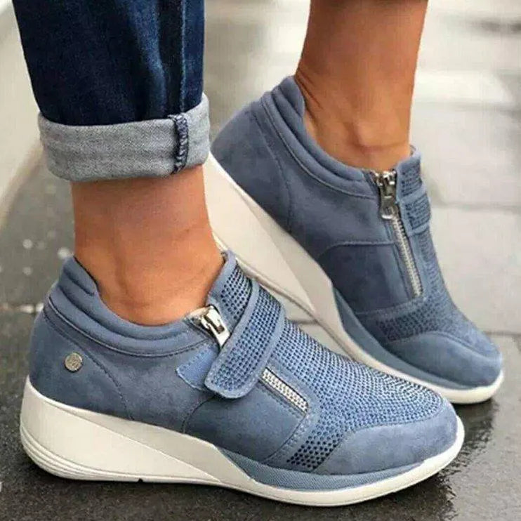 Women's Breathable Slip-On Wedge Trainers – Touch-Fastening Strap, Gel Sole, Arch Support