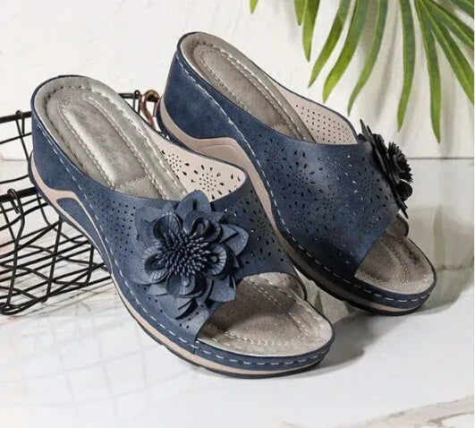 Women's Soft Leather Wedge Sandals – Arch Support, Deep Heel Cup, Flower Detail, Slip-Resistant