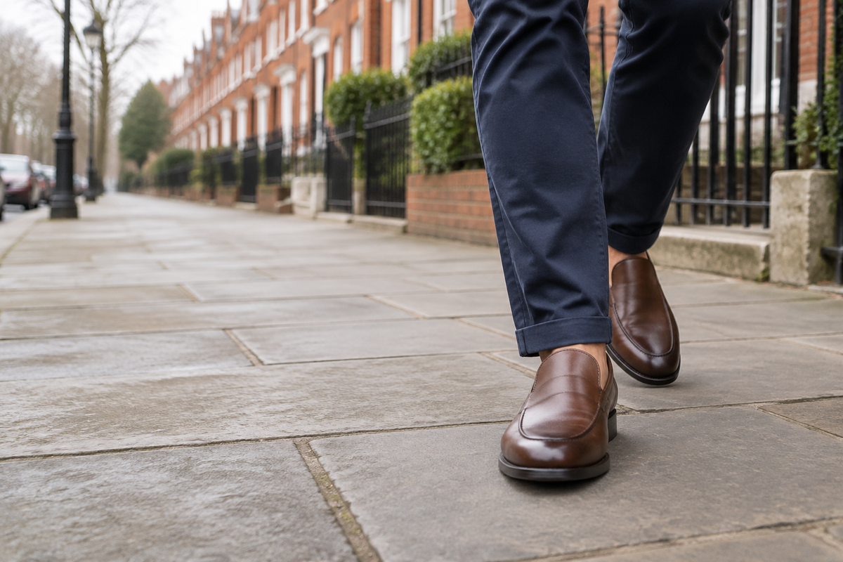Comfortable leather loafers on a city pavement