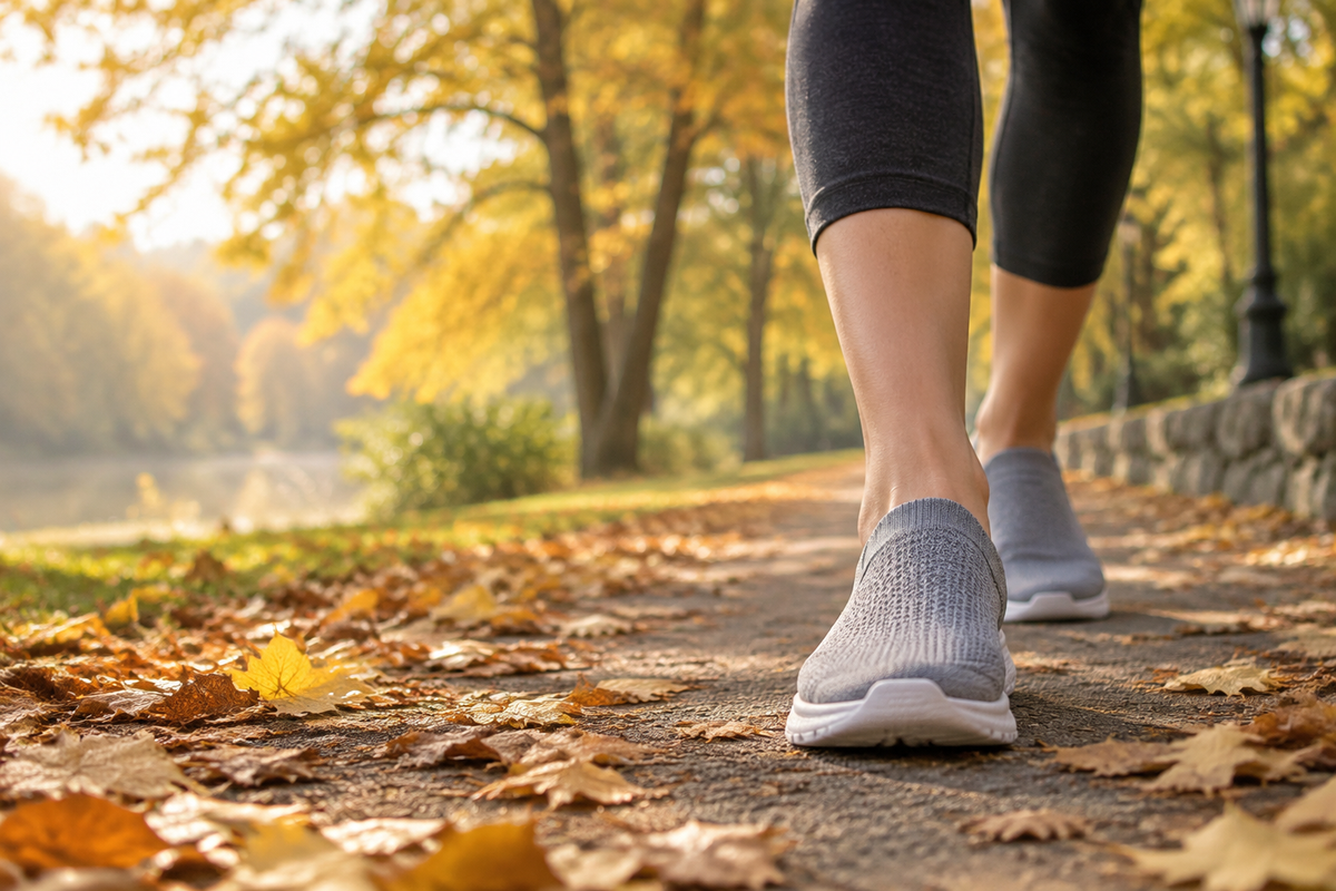 Walking through an autumn park in comfortable everyday shoes